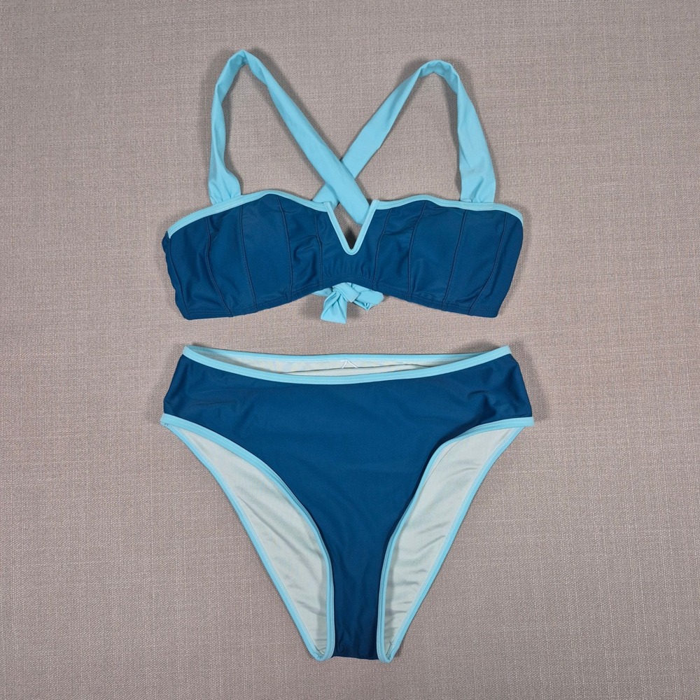 Cupshe Womens High Waisted Bikini Set Notched V Neck Teal Blue Large NWT